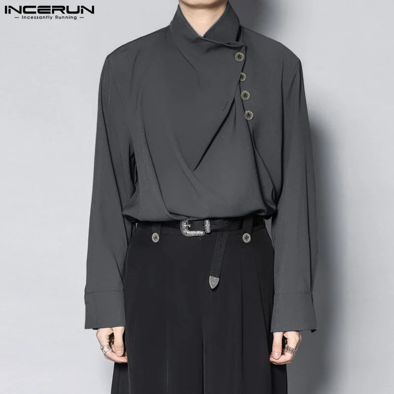 

INCERUN Men Irregular Shirt Solid Color Stand Collar Long Sleeve Loose Men Clothing Streetwear 2024 Fashion Casual Shirts S-5XL