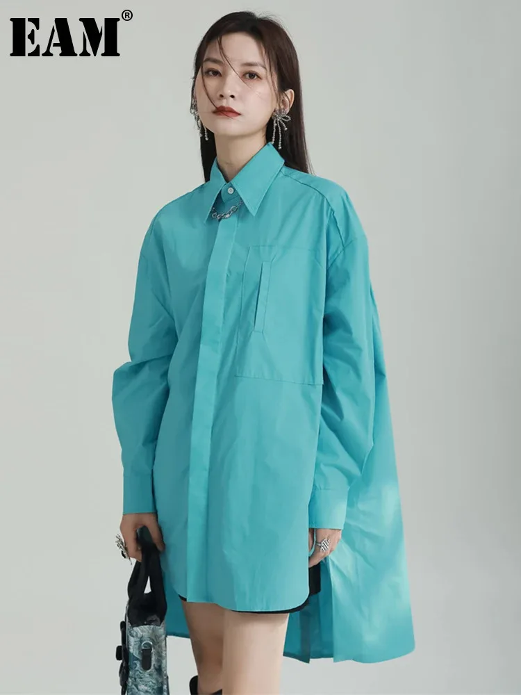 [EAM] Women Blue Irregular Big Size Long Blouse New Lapel Long Sleeve Loose Fit Shirt Fashion Tide Spring Autumn 2024 1DF6598