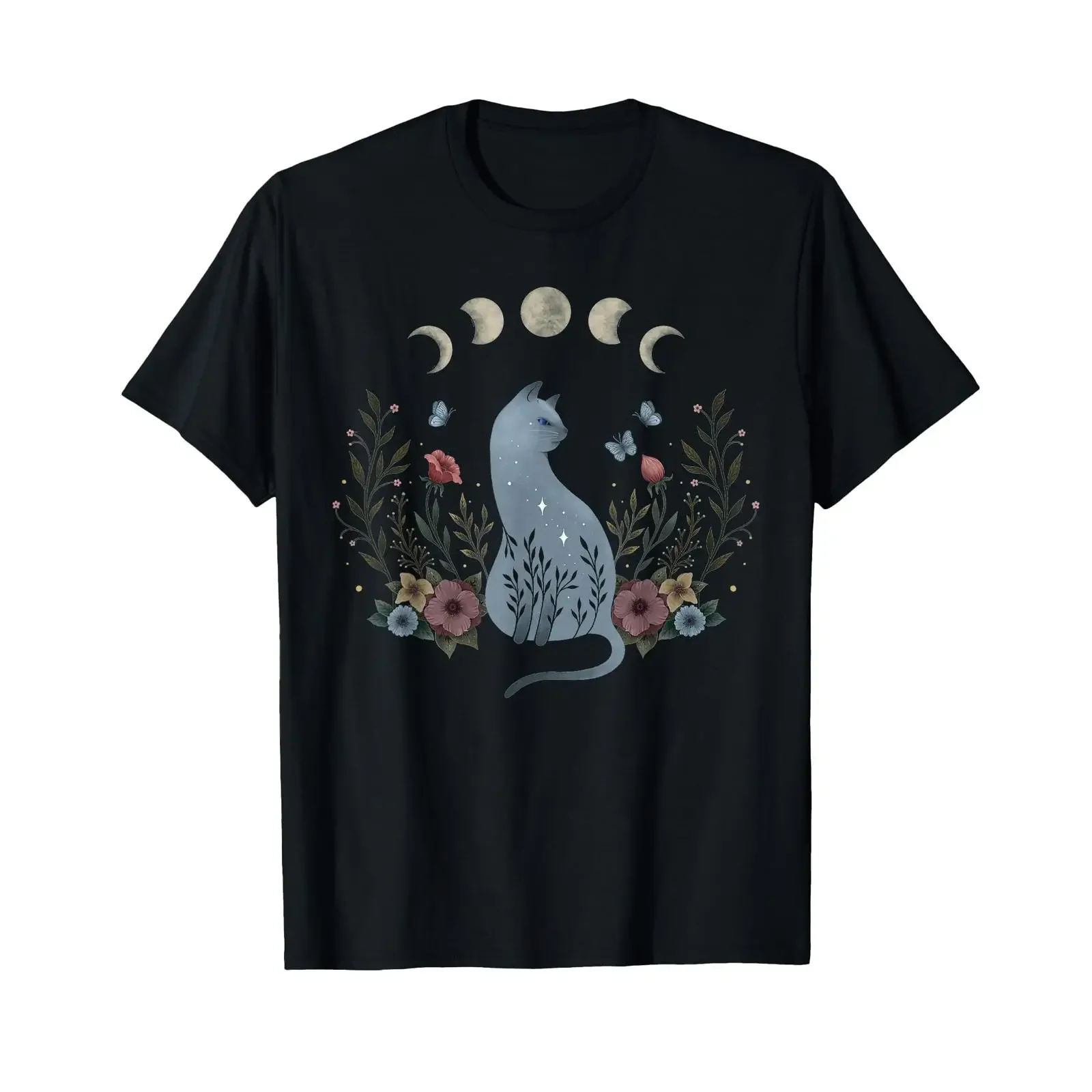 Moon Flowers Cat Mystical Whimsigoth Art Episodic Drawing T Shirt vintage Washed graphic homme Top For Everyday Wear Soft