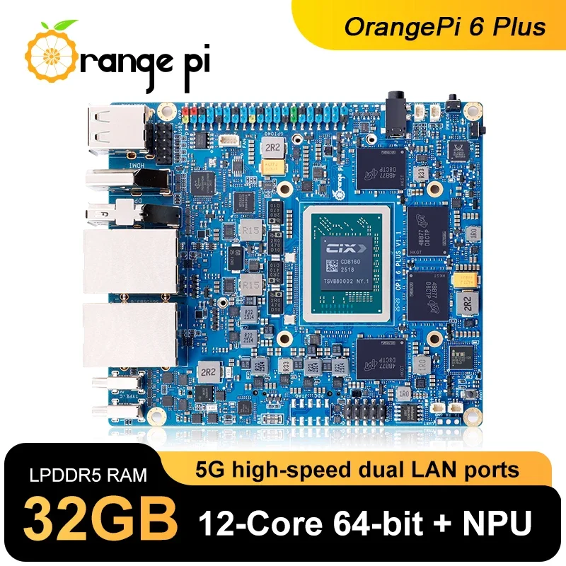 BoMaSOrange Pi 6 Plus 32GB DDR5 Development Board CIX CD8180/CD8160 SoC 2xM.2 KEY-M 45TOPS 5G Ethernet With Heatsink OrangePi 6