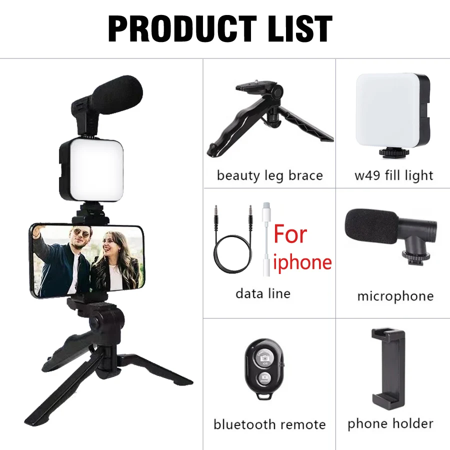 AY49 Smartphone Vlogging Kit Met Statief Telefoonhouder Mini Microfoon LED Invullicht Starter Voor Live Stream Video YouTub