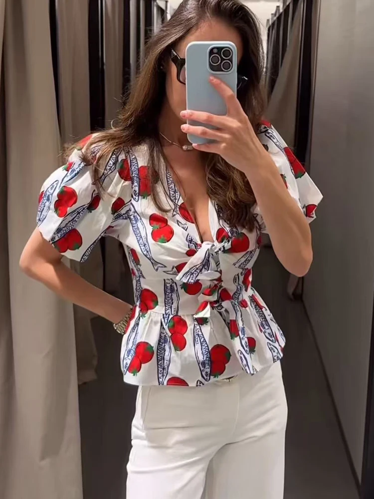 TFMLN Women V Neck Short Puff Sleeve Shirt Sweet Print Bow Lace Up Causal Tops 2026 New Fashion  Ladies Streetwear Blouse - view 3