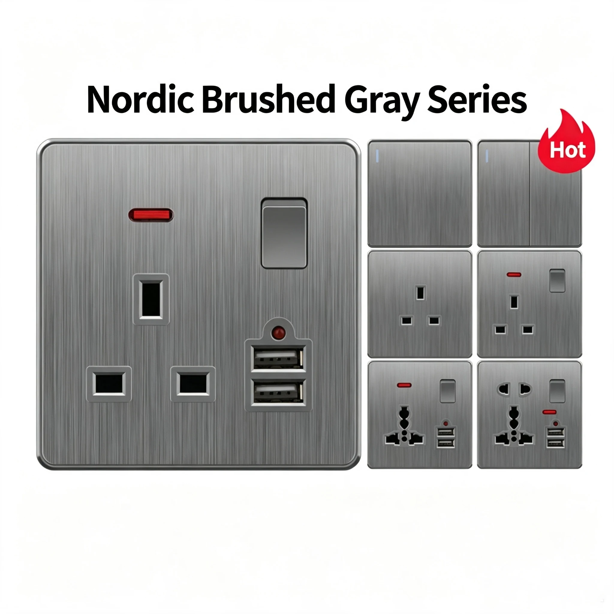 PC Brushed Silver Plastic 13A UK Wall Socket With USB Type-C Fast Charging, 86 Type Frameless Large Panel British Power Supply