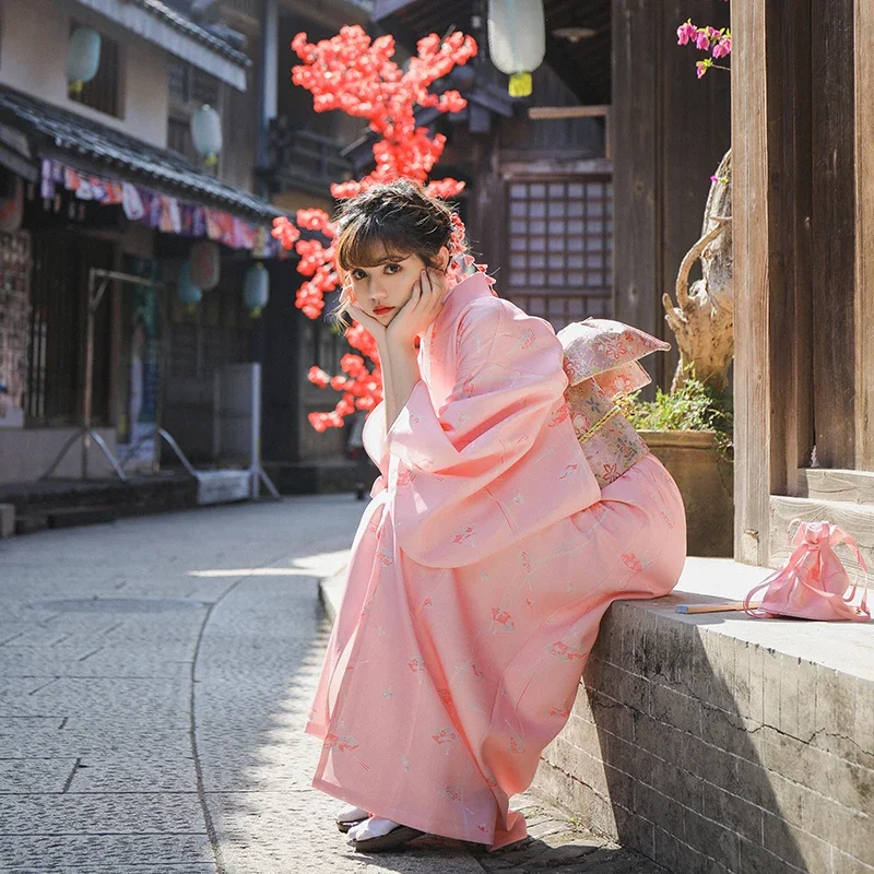 Women Japanese Traditional Kimono Classic Elegant Formal Yukata Pink New Year Festival Dress Vintage Cosplay Costumes