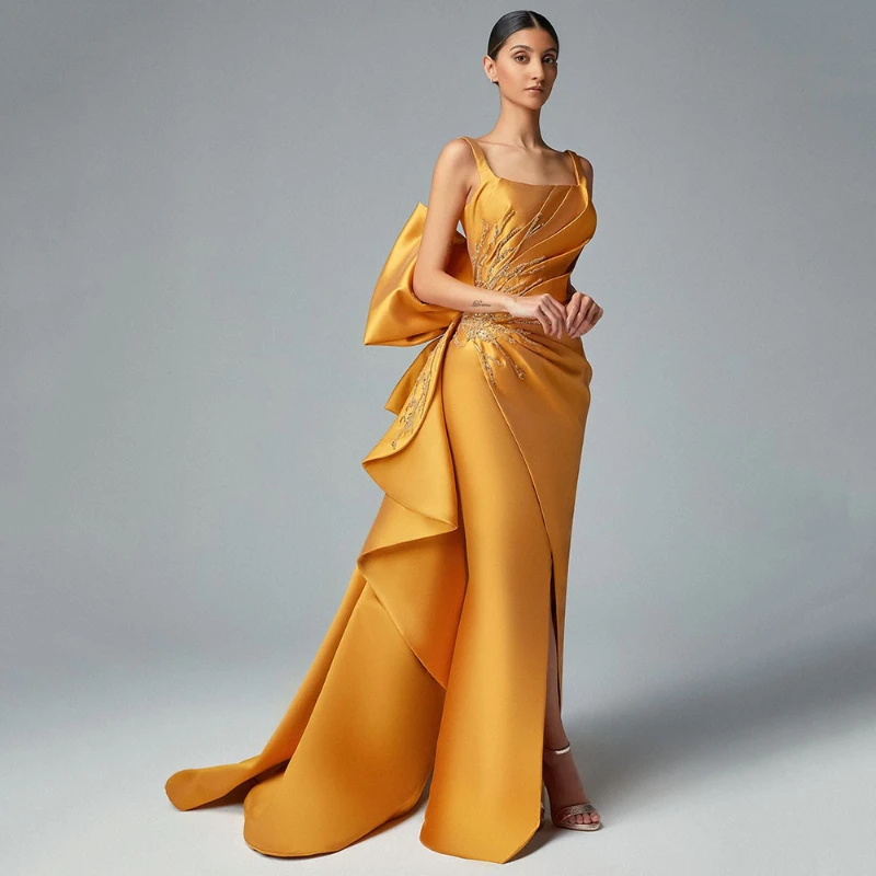 Vestidos de graduación plisados con espalda descubierta y lazo grande, Vestidos de fiesta con cuentas, satén amarillo elegante, cuello cuadrado, Vestidos de noche formales para ocasiones, 2023