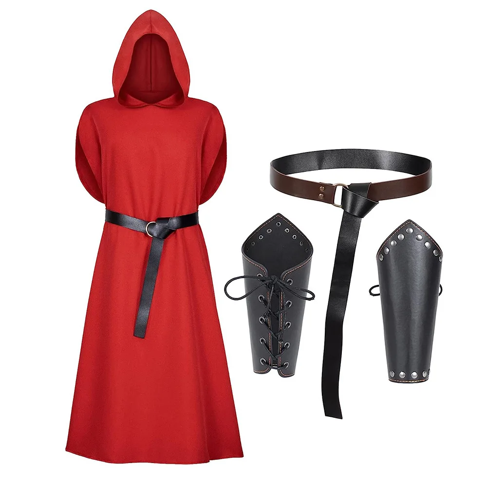 

Medieval Monk Hood Cloak Sorcerer Priest Costumes Halloween Robe Wizard Knight Cape Adult Teens Outfit Party Props Set