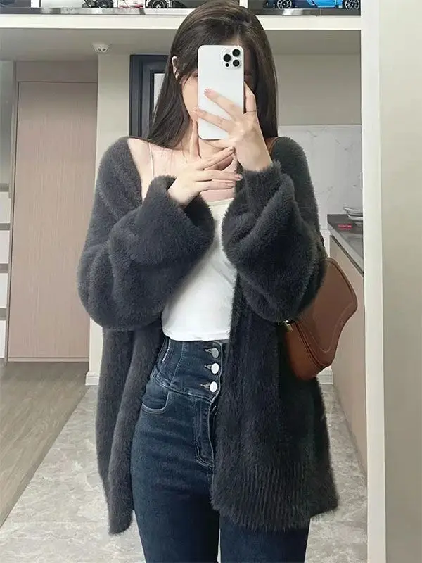 Soft Sticky Sweater Jacket For Women, With A Lazy Autumn Style. Small, Loose And Slim, Resembling Mink Fur Knitted Cardigan