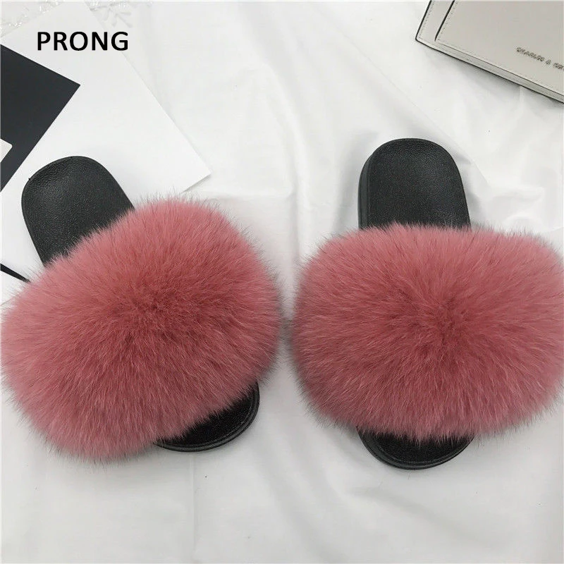 

Real Fox Fur Slippers Women EVA Plush Fur Slides Summer Open Toe Furry Fur Flip Flops Indoor House Shoes Woman Beach Sandals