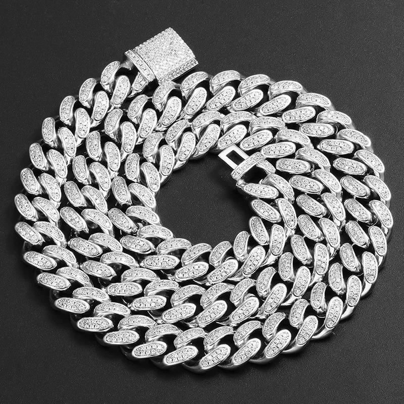 12mm Full Mosonite Sterling Silver S925 Cuban Chain Hip Hop Fashion Necklace Jewelry