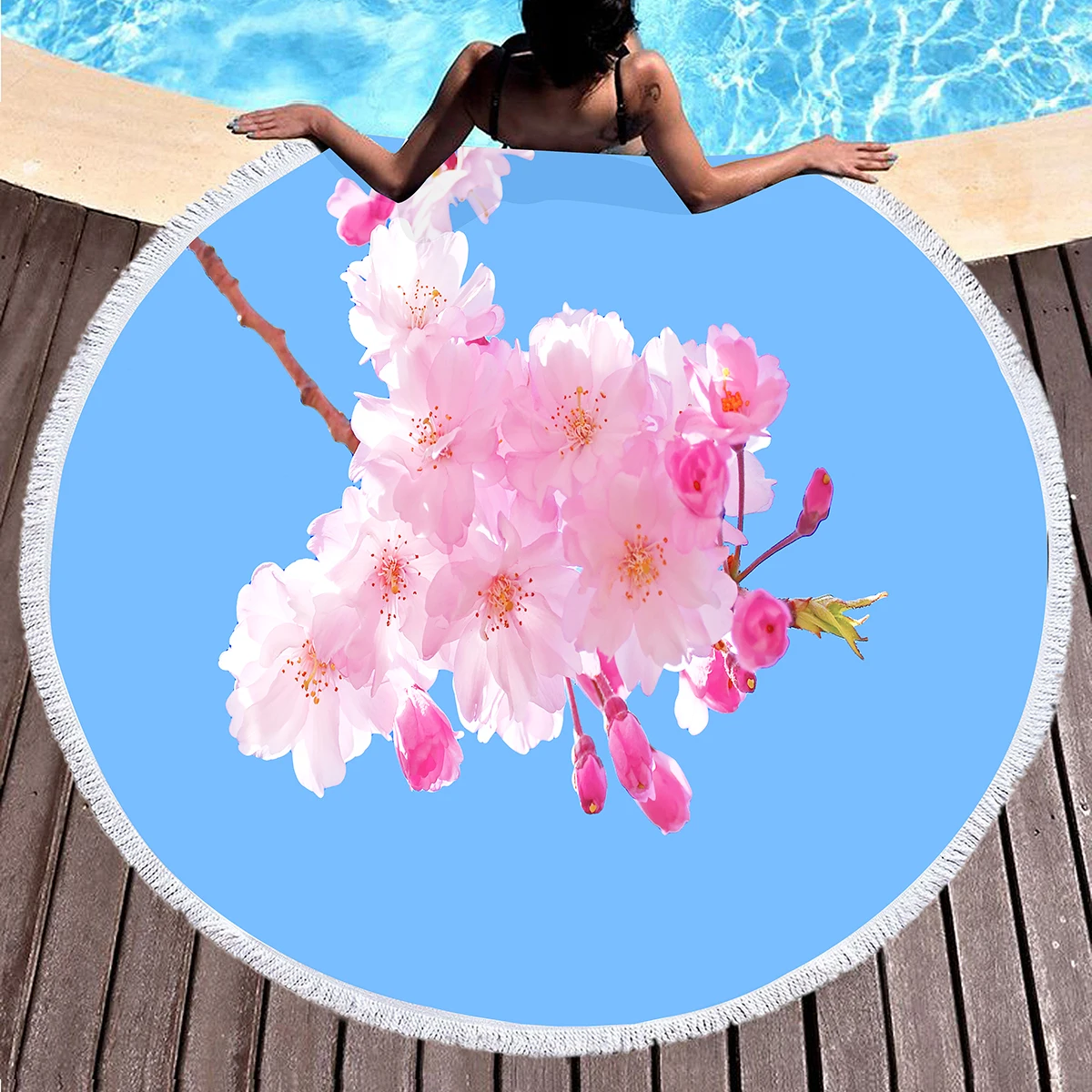 منشفة شاطئ مستديرة بزهر الكرز، شجرة زهر الكرز في الشمس، بطانية شاطئ مضادة للرمل، ماصة سريعة الجفاف، منشفة حمام سباحة ناعمة #4
