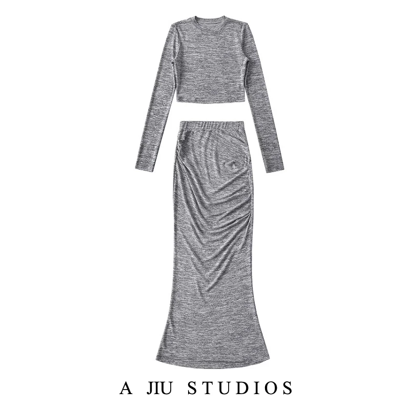 

Sexy Spicy Girl Pure Desire round Ne ort Sve Long T-irt High Waist Pleated Bodycon Skirt Long Skirt Two Piece Set