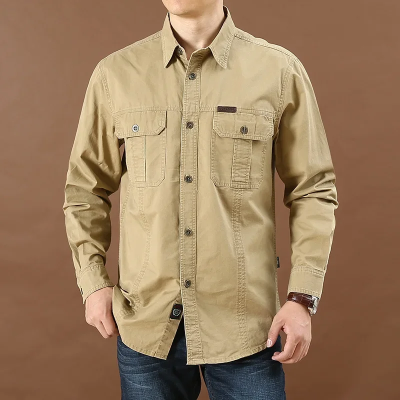 

Pure Cotton Casual Shirt Men Oversize Loose Long Sleeve Cargo Shirts Men's Clothing High Quality Solid Tooling Shirt 6XL