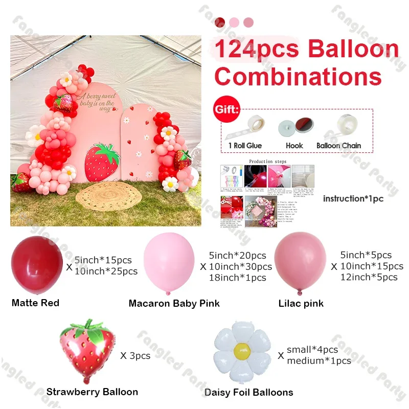 124pcs Strawberry Balloon Garland Kit Red Pink Pastel Balloons Sweet One Birthday Baby Shower Summer Fruit Party Wedding Decor