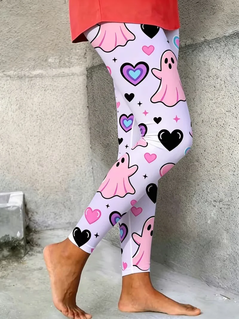 Niedliche Halloween-Leggings für Damen, hellviolett, rosa Geistermuster, bunte Herzen, schmal geschnitten, dehnbar, Party-Hose – Detail 2
