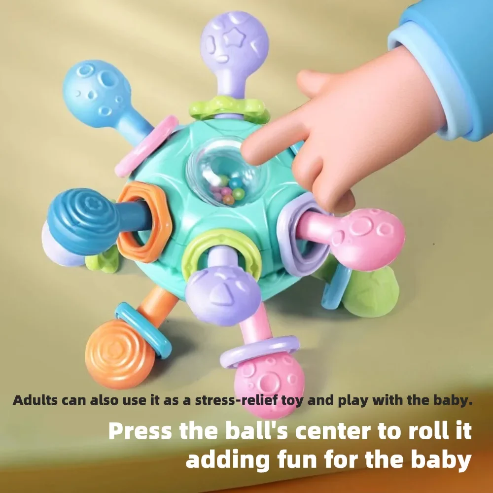 Baby Manhattan Greifball – 3-in-1-Beißring, Rassel und weiches Gummi-Greifspielzeug zur Früherziehung und zur Linderung von Zahnen