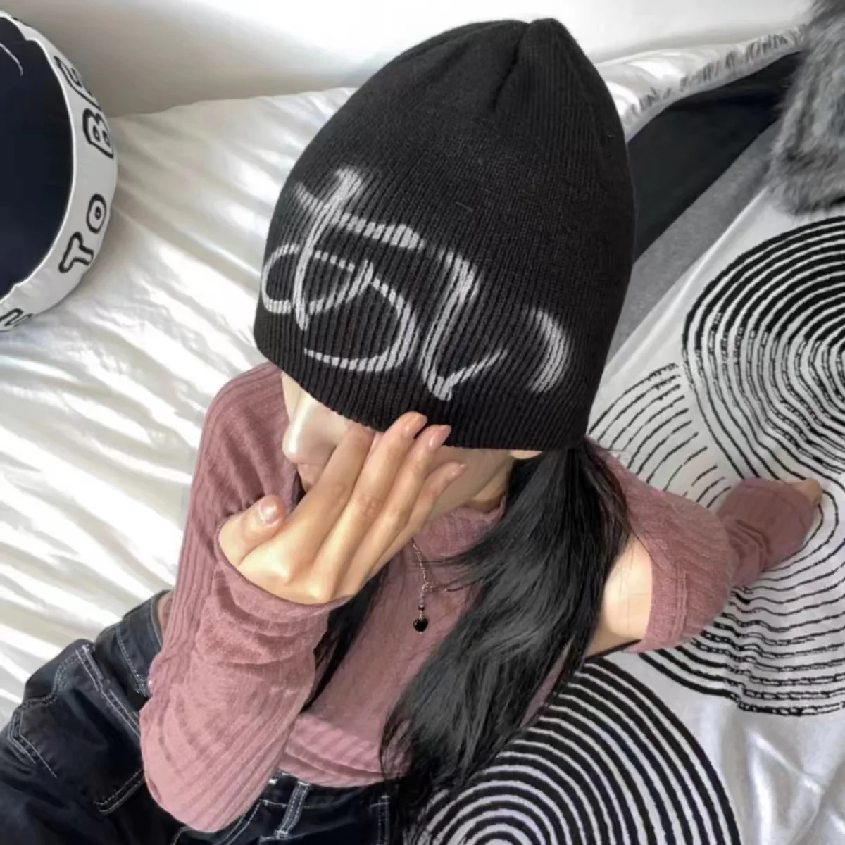 Y2K Fashion Winter Men Letter Pattern Knit Gorros Women Solid Beanies Hat Ski Cap Thick Warm Causal Skull Cap Outdoor Personal