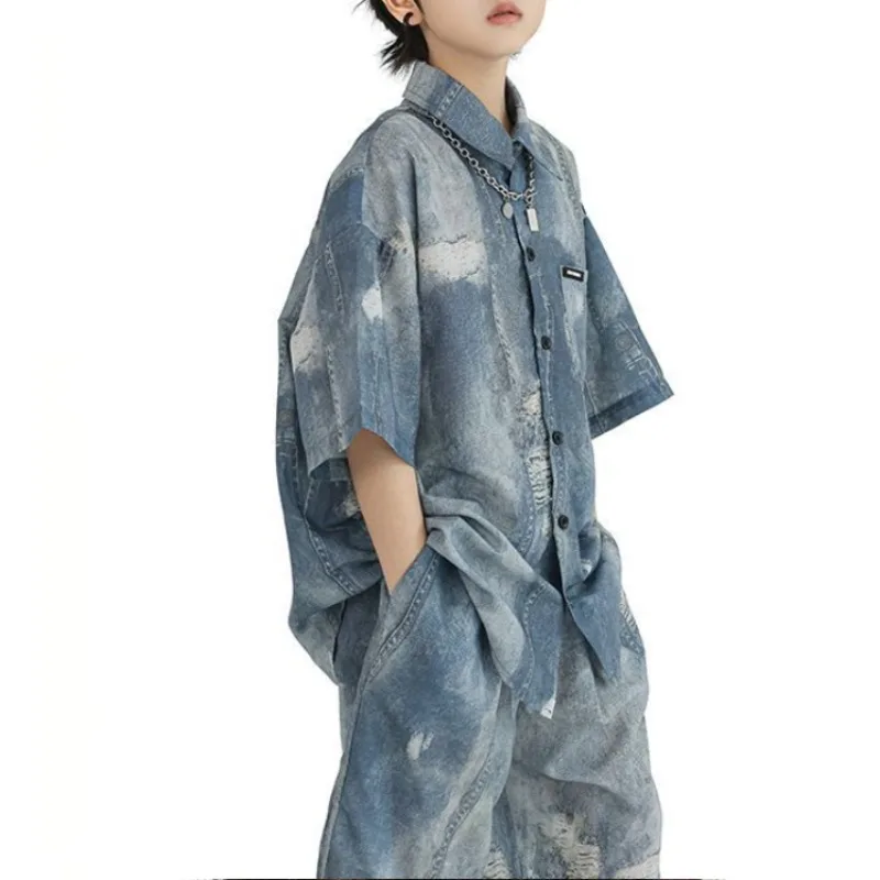 Imitation Denim Shirt Clothing Set Outdoor Summer Wear  New Children's Home Cartoon Fashion From  Years Old Boy Outfit Top