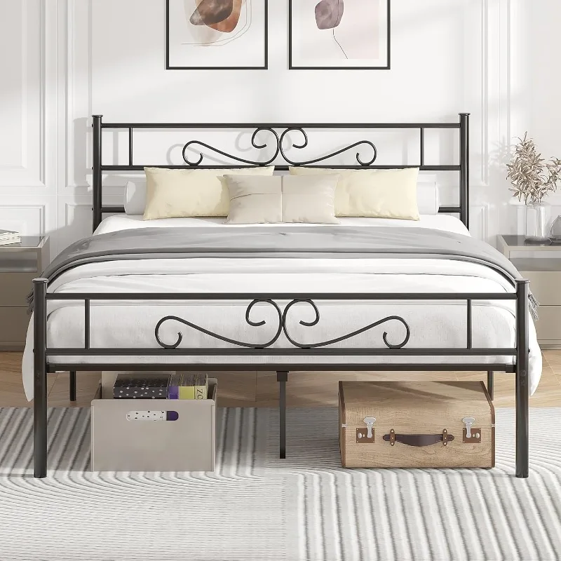 Queen Metal Platform Bed Frame with Headboard & Footboard, Steel Slats Mattress Foundation, No Box Spring Needed,Black