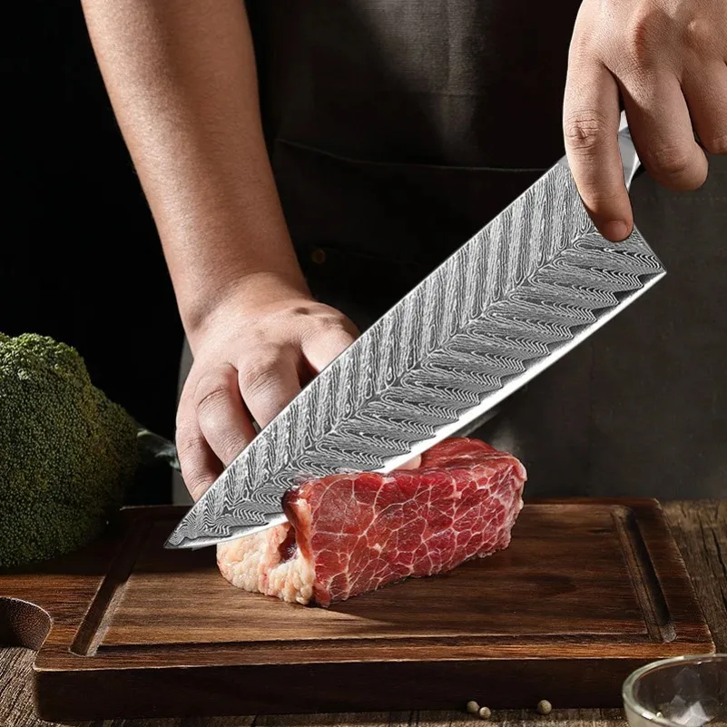 Damascus Steel Knife Cleaver Slicing Knife Sharp Kitchen Knife Meat Fruit Cutter for Cooking Household Professional Chef Knife