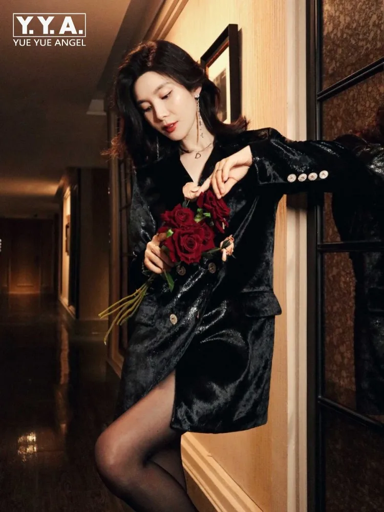 

Chic Ladies Black Double Breasted Party Blazers High-quality Fashion Sexy Velvet Suit Jacket Loose Vintage Sequin Outerwear Coat