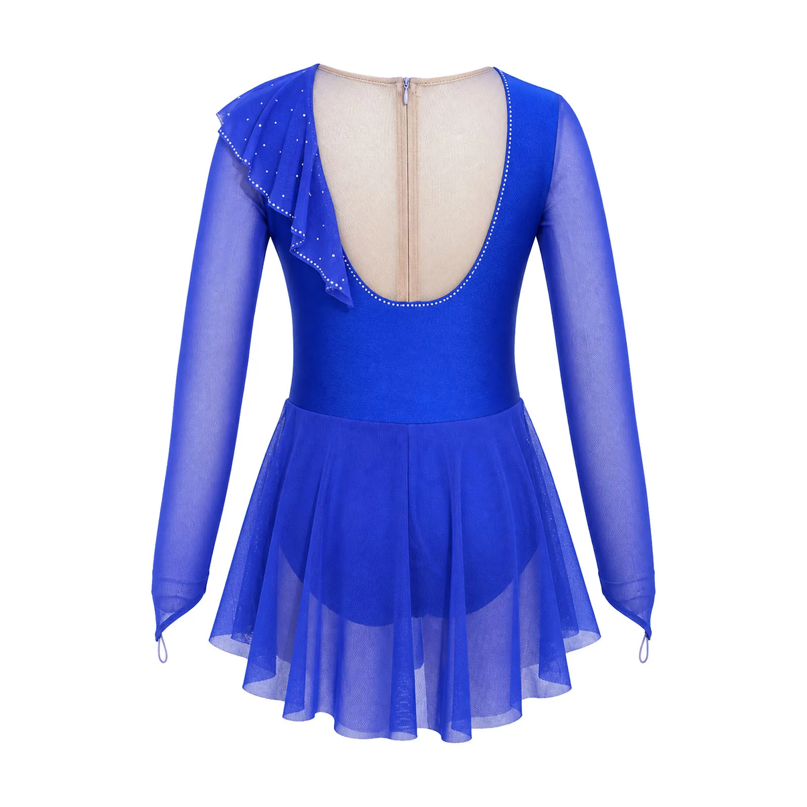 Kids Girls Long Sleeve Figure Ice Skating Dress Children Shiny Rhinestone Mesh Splice Ballet Dance Dress Ice Skating Costumes