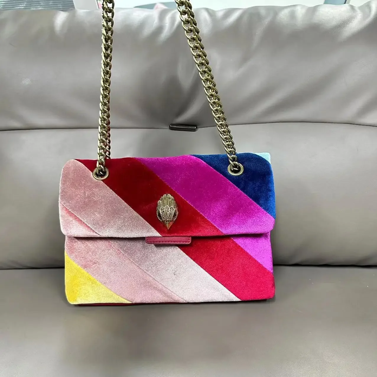 

British Kurt Geiger Color Stripe Splicing Contrast Color Small Square Bag Shoulder Crossbody Chain Bag Velvet French