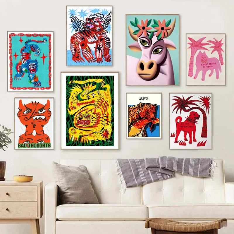 Vintage Abstract Animals Print Posters Mid Century Wall Art Canvas Painting Pictures for Living Room Bedroom Home Decor No Frame