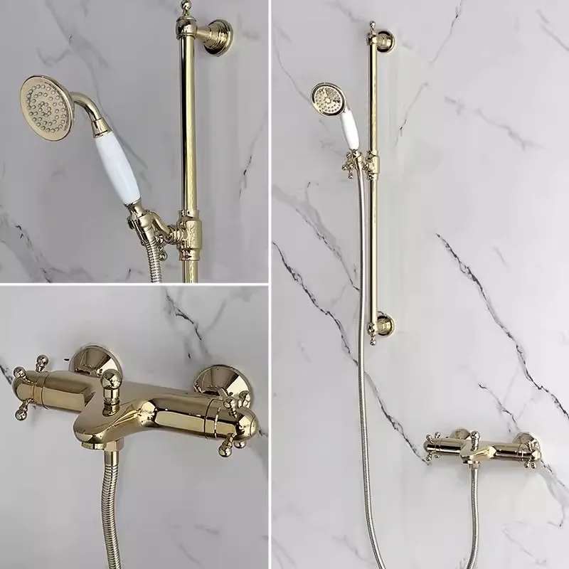 

Shower Faucet Set Wall Mounted Classical Thermostatic Bathtub Faucet Set Chrome Total Brass Bath & Shower Mixer Set