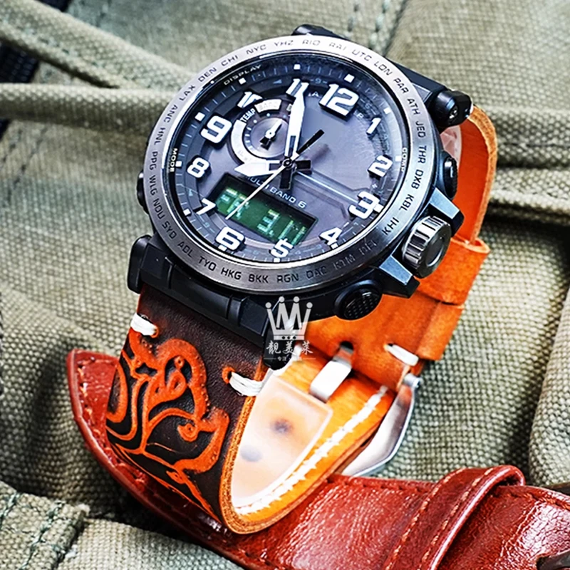 

24mm Retro carved trendy genuine leather For Casio mountain watch PRG-600/650Y PRW-6600YB series men's yellow black watch strap