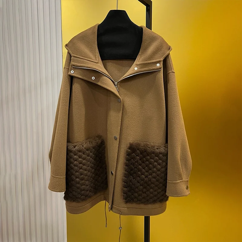 

Новое высококачественное двустороннее кашемировое женское пальто средней длины с капюшоном и карманами из лисьего меха класса люкс 251020134