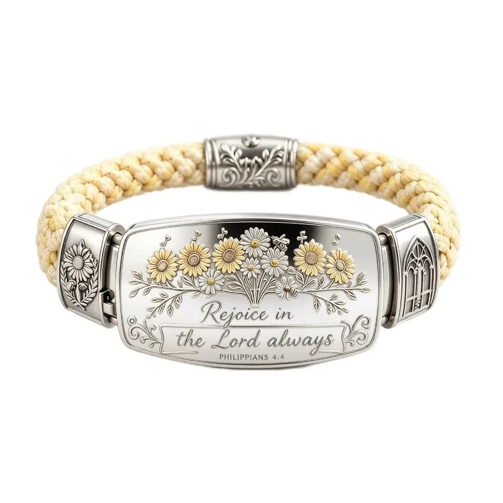 Faith Over Fear Faith Over Fear Bracelet Retro Style Bible Verse Cross Faith Bracelet Stainless Steel Floral Pattern
