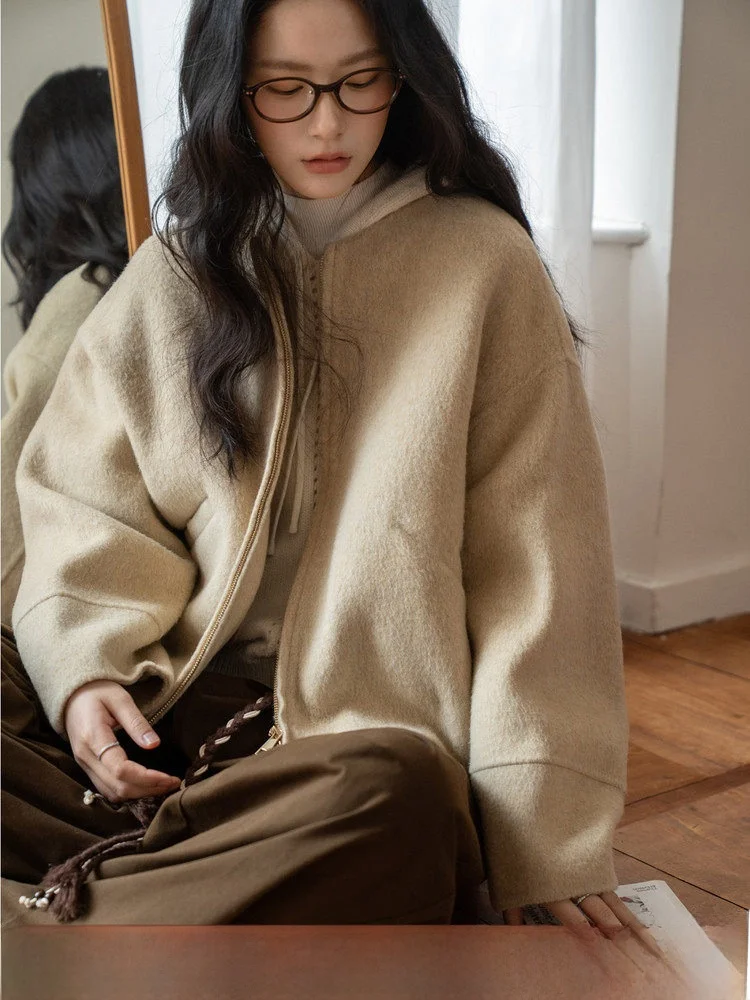 

i ort Zipper Double-Sided Woolen Coat Women's Winter High-End Feeling Small Size Woolen Coat Casual Chic Sle