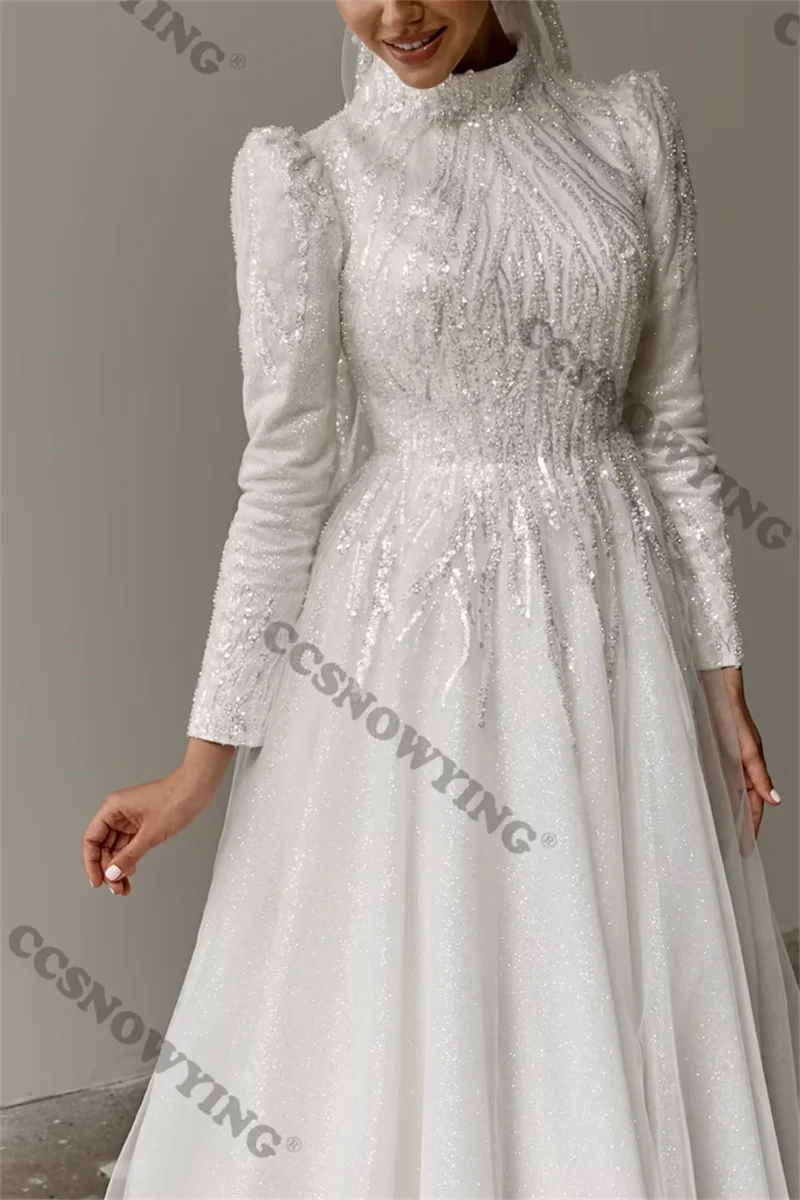 Robe de mariée musulmane à manches longues avec appliques en tulle, hijab à col haut, robe de luxe pour les patients arabes