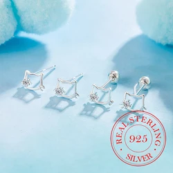 Real Money 925 Sterling Silver Simple Cute Kitty Screw Stud Earrings for Women Girls Party Jewelry Gift Pendientes Mujer Moda