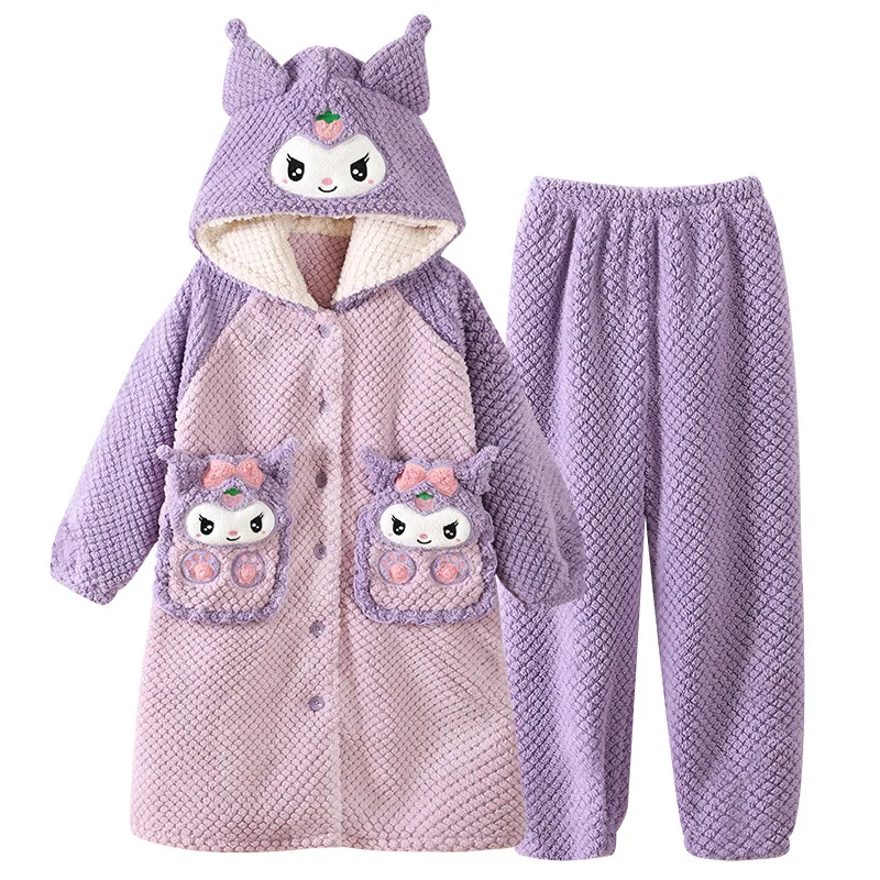 Kuromi Sanrios Girl Nightgown Winter Flannel Thicken Child Bathrobe Suit Cute Parent-Child Mother Daughter Lounge Clothes