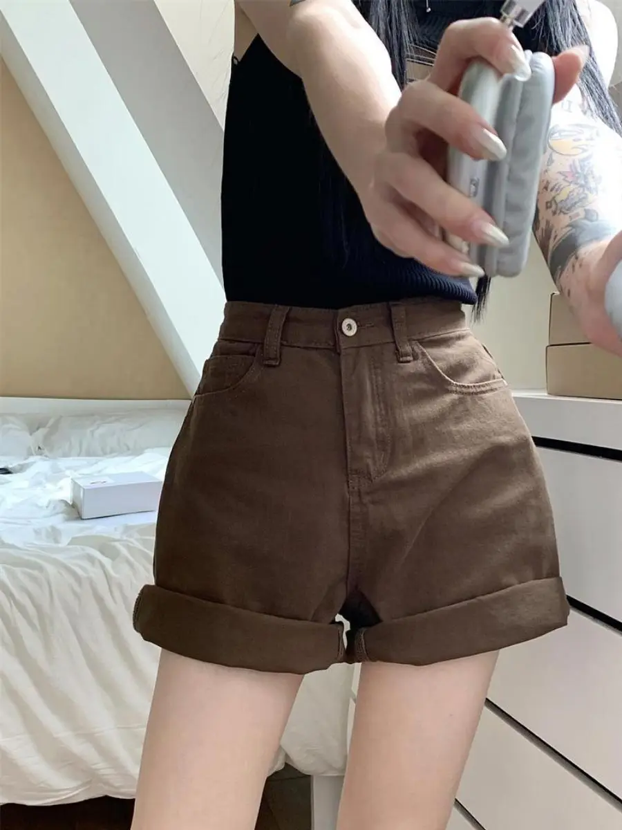 Brown Denim Shorts for Women High Waist Casual Half Pants Straight Jeans A-line Shorts Vintage Style Y2k Clothes Summer