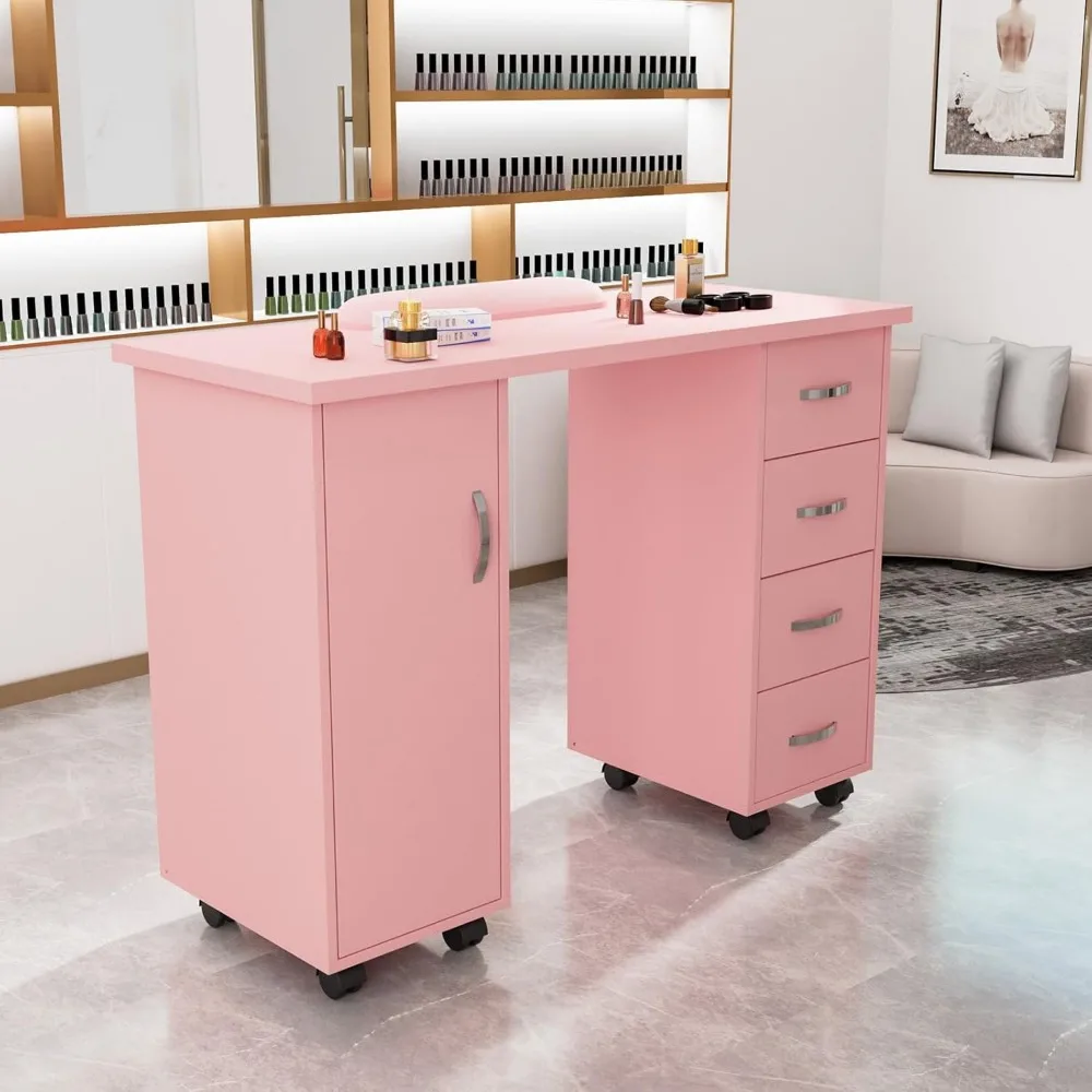 Manicure Table Nail Desk with Cabinet, Drawers, Wheels & Wrist Rest, Spa Salon Beauty Home Wooden Technician Workstation for Na