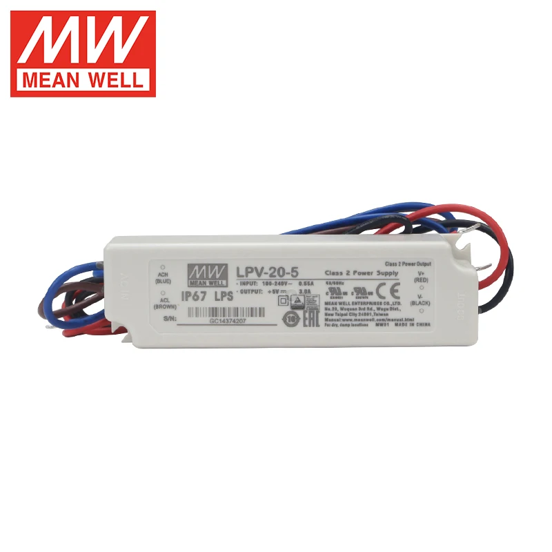 Mean Well LPV-20 20W 5/24V Waterproof Switching Power Supply IP67 Single Output Lighting LED Driver Constant Voltage