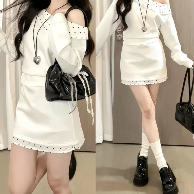 Wear A Suit for Women's Autumn Slanted Shoulder Polka Dot Long-sleeved Sweater + Skirt, A Complete Set