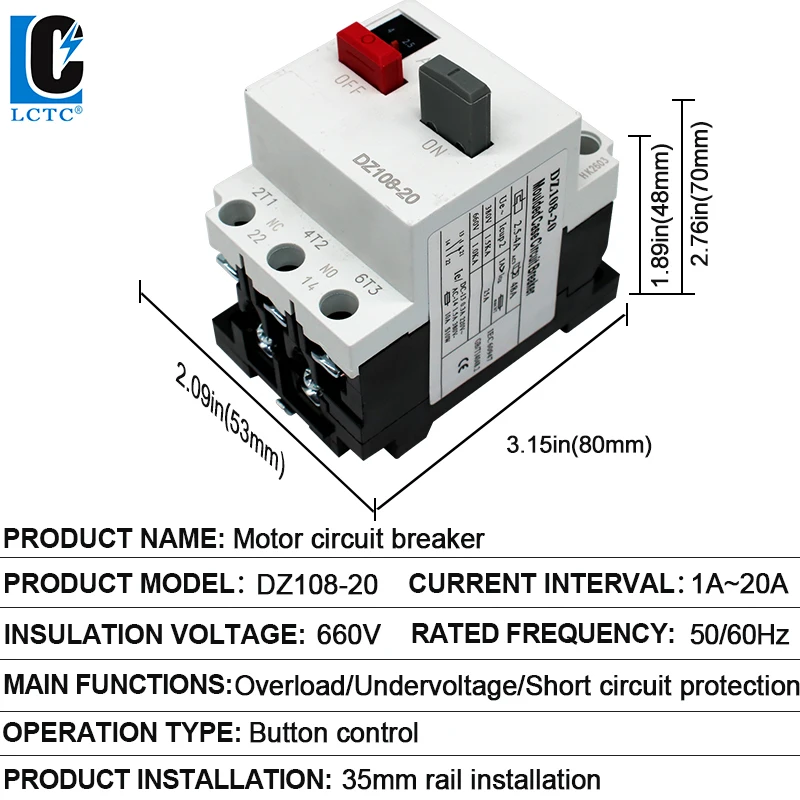 LCTC Motor Protection Circuit Breaker Three-phase Motor Overload Short Circuit Protector 1NO1NC Motor Starter Circuit Breaker