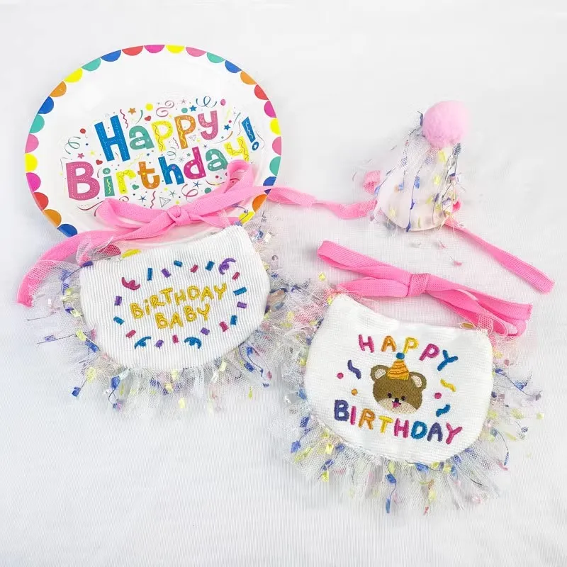 Pet Birthday Bib And Tassels Hat Cat Dog Party Lace Scarf Saliva Towel Pets Birthday Dress Up Supplies