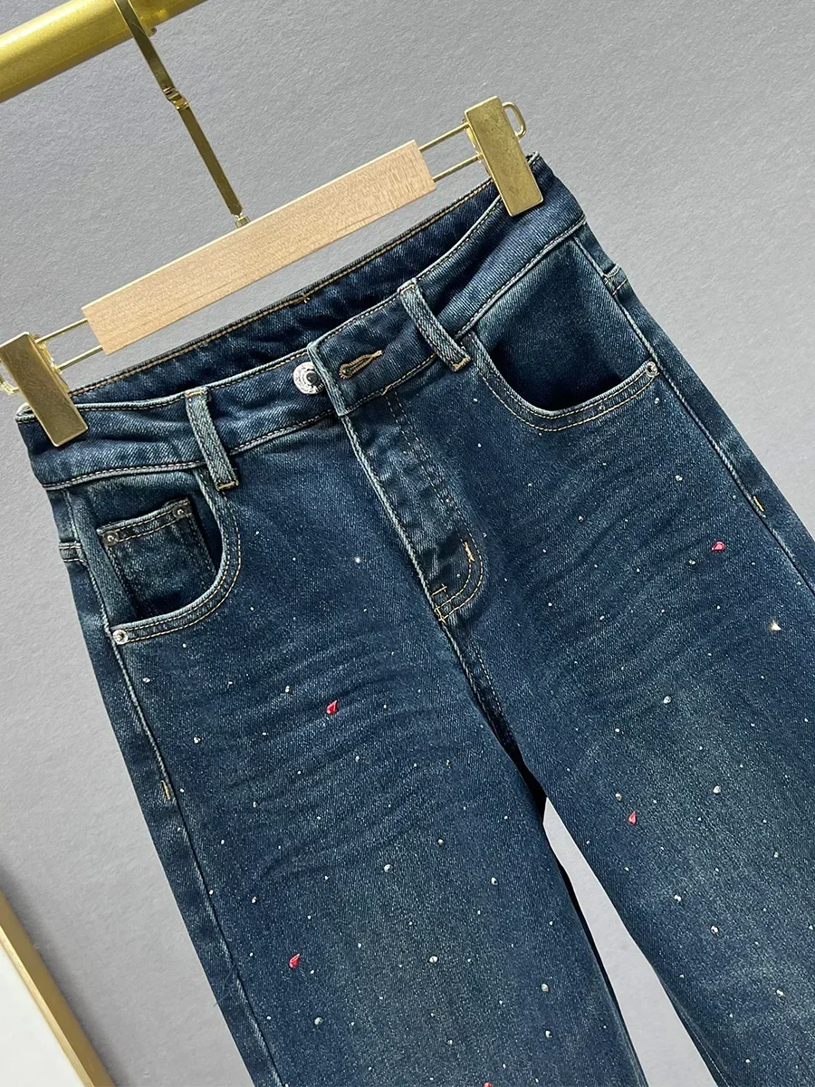 Pantaloni in denim a gamba larga in velluto addensato Donna Nuovo autunno inverno Jeans dritti con perforazione a caldo con diamanti pieni Pantaloni in denim larghi casual