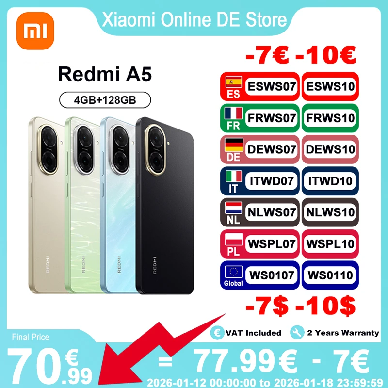 Version mondiale Xiaomi Redmi A5 4G Smartphone 6.88 ''120Hz affichage 5200mAh batterie 32MP caméra réelle prise Audio 3.5mm