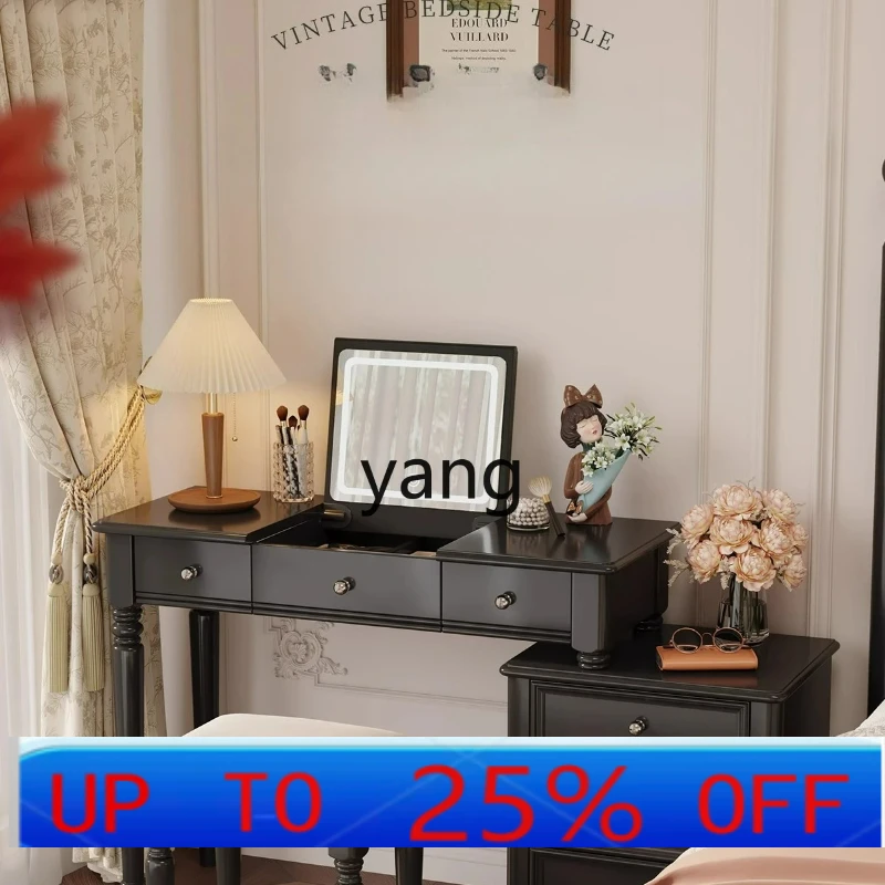 

LMM Dressing Table and Bedside Table Integrated Small Apartment Bedroom French Retro Black Solid Wood Flip Cover Makeup Table