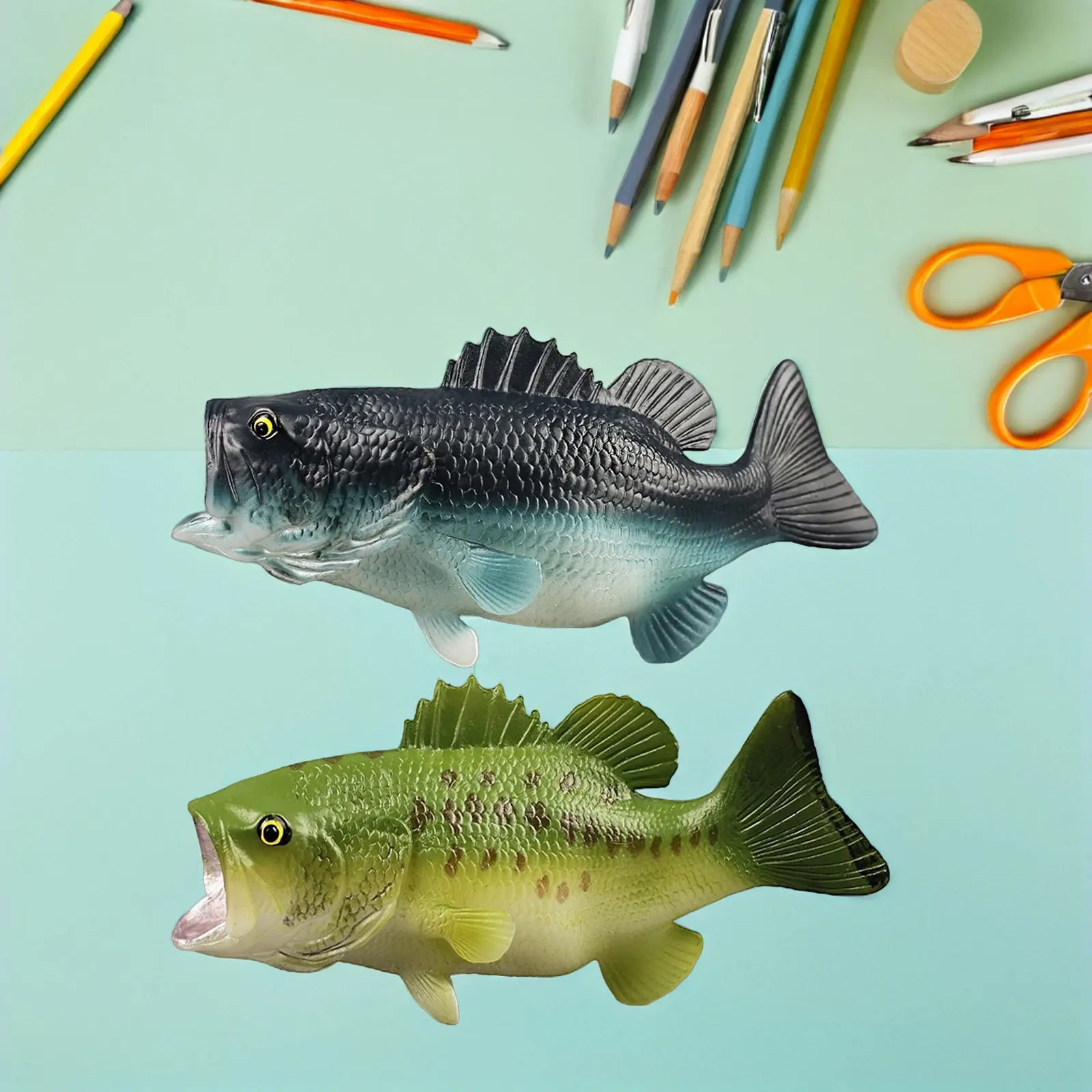

Набор из 2 пластиковых фигурок рыбы-баса, реалистичные детали, декор для дома, обучающий инструмент, развивающая игрушка для детей, статуэтка рыбы, украшение для офисного стола