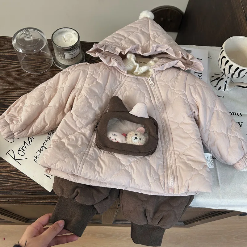 

UNITIM Toddler Girls Two-piece Set Hooded Pocket Doll Thicken Warm Kids Girl Parkas+elastic Waist Little Girl Cotton Jogger Pant