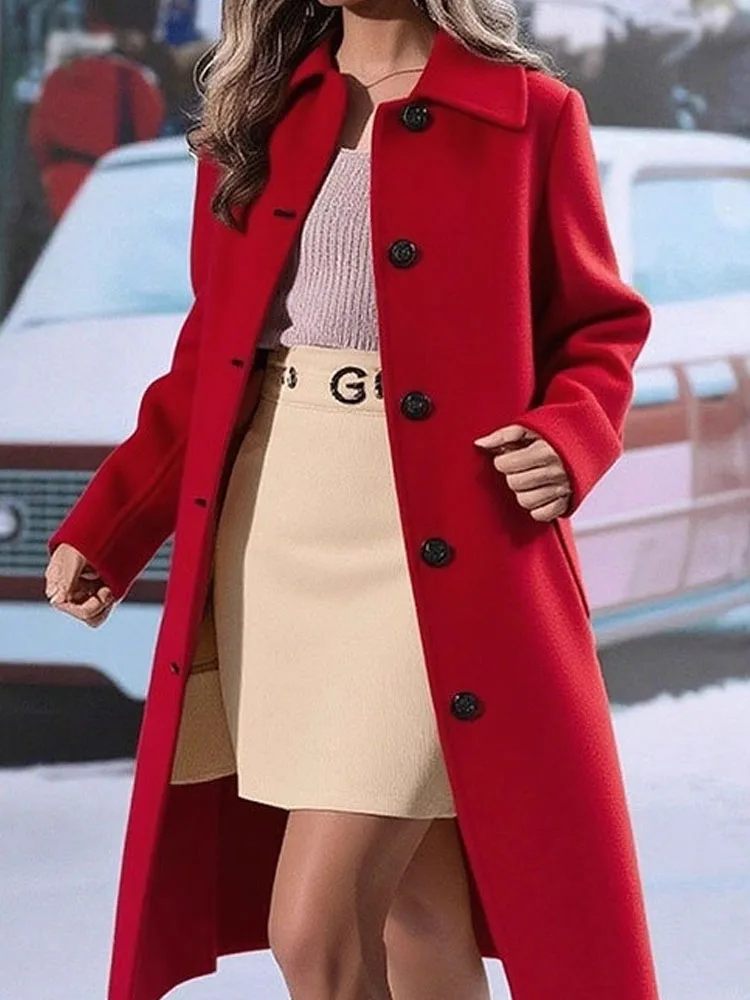 

Autumn Winter Fashion Woolen Outercoat Elegant Lapel Collar Single breasted Midi Coats Women's Casual Long Sleeve Solid Jackets