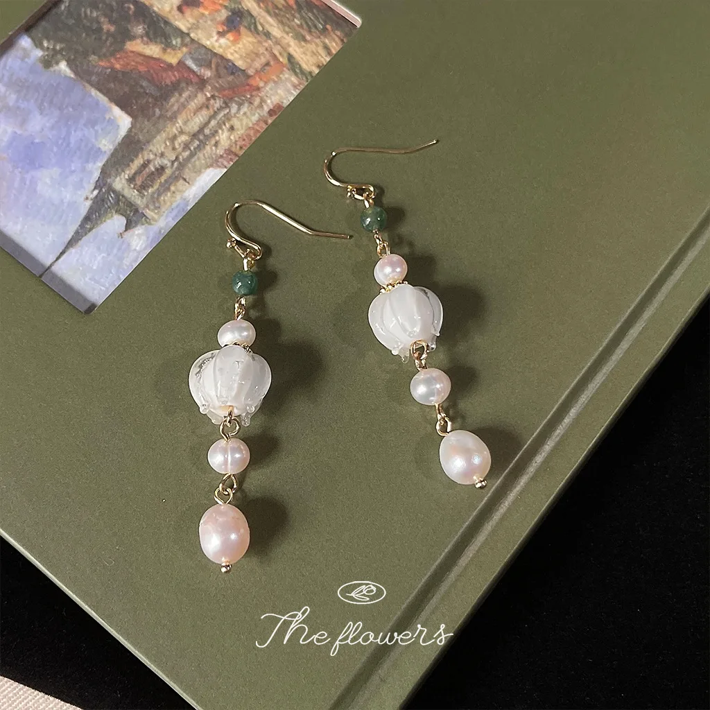 New Arrival Sweet Glass Flower 14K Gold Filled Natural Freshwater Pearl Ladies Tassels Drop Earrings Jewelry For Women Gifts