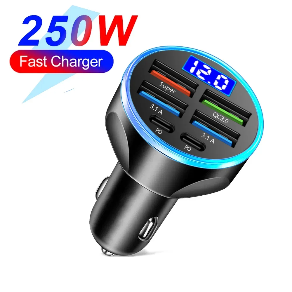 66-250W PD 6in1 Autoladegerät QC3.0 Schnellladung mit Digitalanzeige Universeller Zigarettenanzünder-Adapter für iPhone Samsung Xiaomi