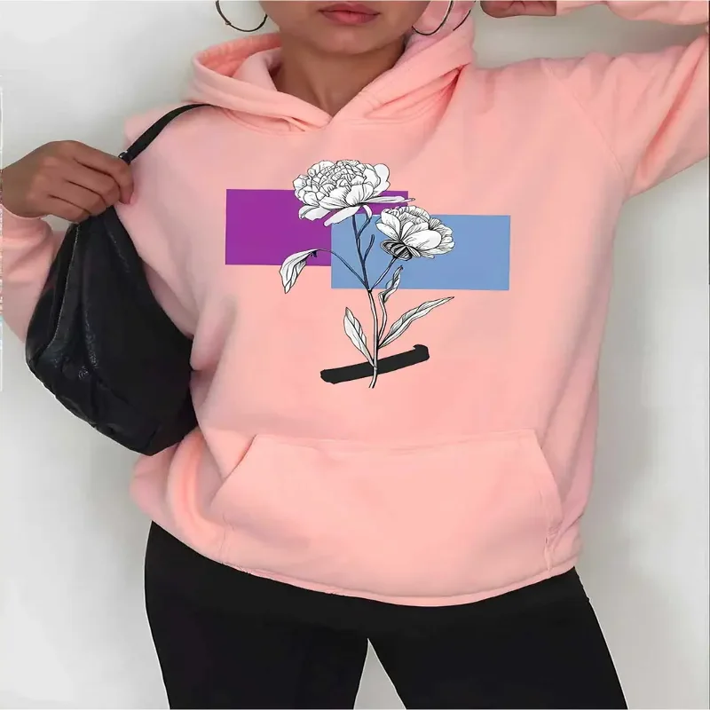 Floral Hoodie Pullover Sweatshirt Front Pocket Machine Washable Hooded Womens Print Flower Daily Wear Casual Outfits Fall Winter